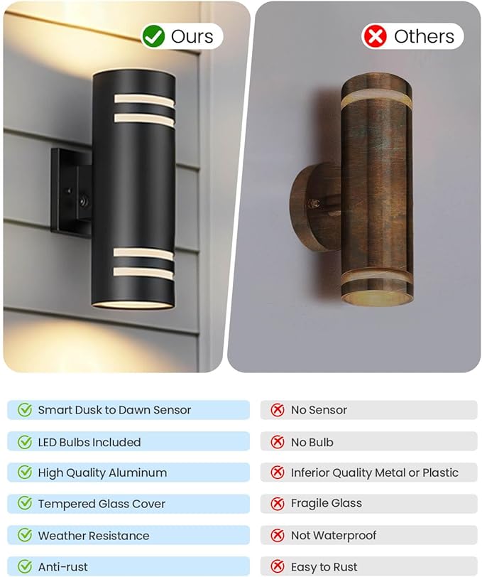 KIZON Dusk to Dawn Outdoor Lighting 2 Pack, Modern Outdoor Wall Light Black Exterior Lighting Fixtures Wall Mount with Bulbs Included, Cylinder Outdoor Sconce Lights for House Porch, ETL Listed