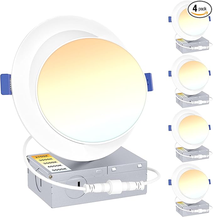 Ensenior 4 Pack 6 inch Gimbal Led Recessed Lighting, 90° Rotatable and 5CCT Selectable, Dimmable Eyeball Recessed Lights, Canless Angled Adjustable Ceiling Downlight, 1200LM, 12W=115W-FCC Certified
