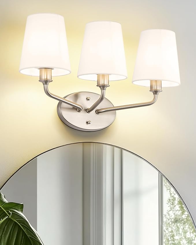 Emak 3-Light Vanity Lights for Bathroom, Brushed Nickel Bathroom Light Fixtures Over Mirror Modern Wall Sconce with Flared White Fabric Shade, VL132-BN-WF-3