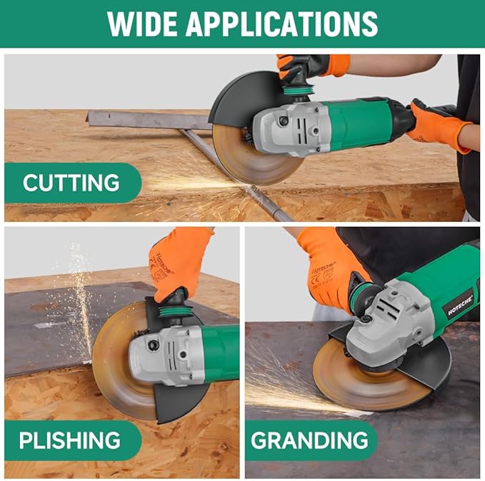 Hoteche 9-Inch Angle Grinder 4-HP Grinding and Cutting Tool Fits 7/8" Hole Size Wheels with Rotatable Handle and Lock-On Switch
