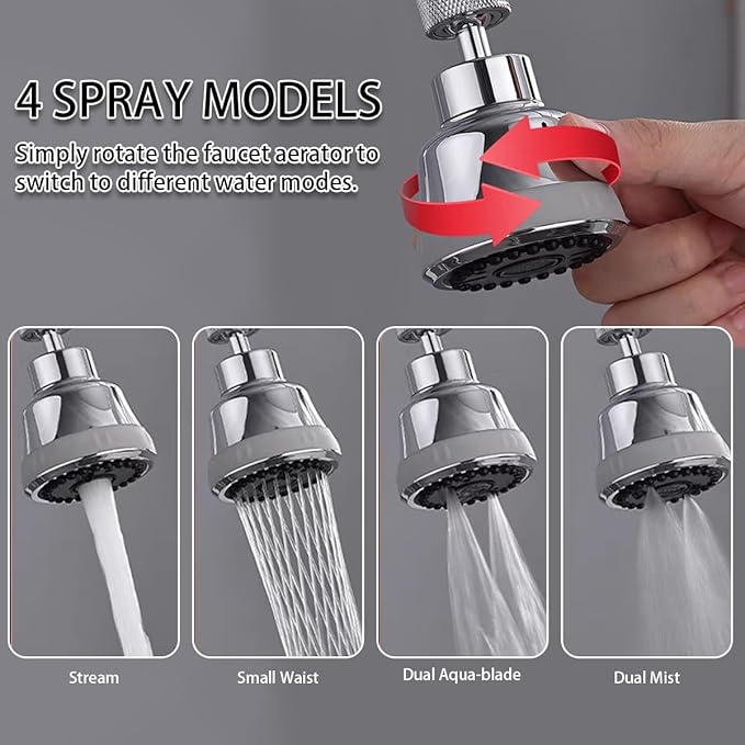 Faucet Aerator Faucet Sprayer Attachment, Kitchen Faucet Head Replacement with 4 Spray Modes, 360° Swivel Faucet Extender Anti-Splash Sink Sprayer Faucet Nozzle Head (Diamond, Silver)