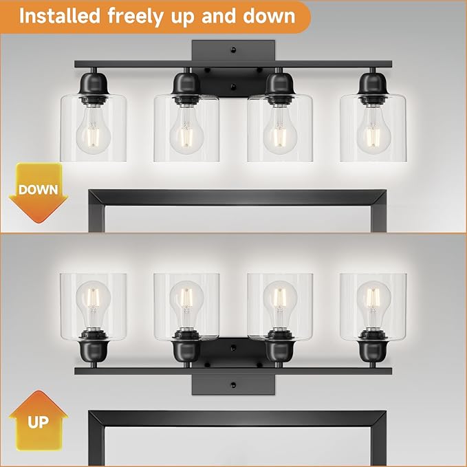 Modern 4 Light Bathroom Light Fixtures, 24 inch Bathroom Vanity Light with Clear Glass for Mirror Kitchen Living Room Hallway Cabinet Porch