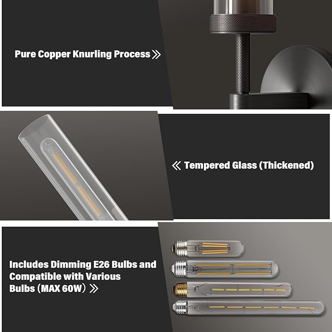 Black Wall Sconces 19.48'' Knurled Texture Indoor Wall Light Fixtures, Bathroom Vanity Light Fixtures with Clear Glass, Modern Wall Lamp for Bathroom Living Room Bedroom Hallway