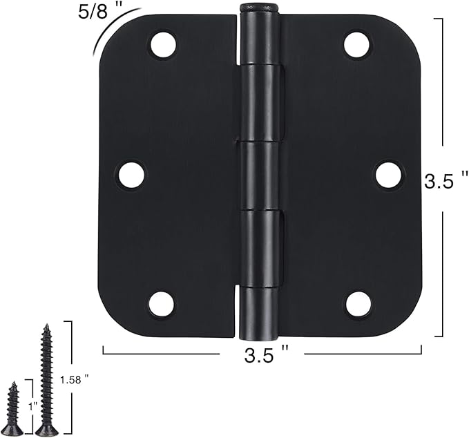 3 Pack Interior Matte Black Door Hinges Rounded 3.5 Inch x 3 1/2" Indoor Heavy Duty Metal Hardware Kits 3 ½" 5/8" Radius Office Flat Hinge for Bifold Doors Decorate Master Guest Bedroom Storage Room