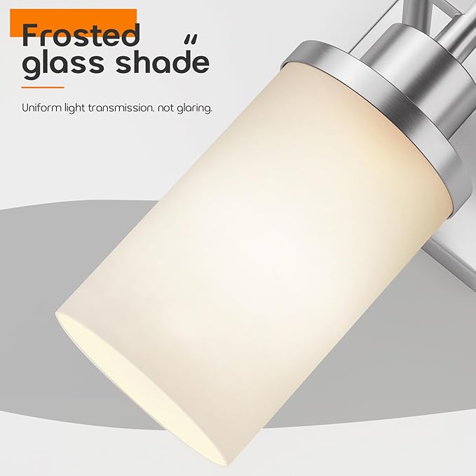 Bathrom Light Fixtures Brushed Nickel 3-Light with White Frosted Glass Shade, Modern Wall Lamps Over Mirror for Bath Washroom Living Room T001BR-L3