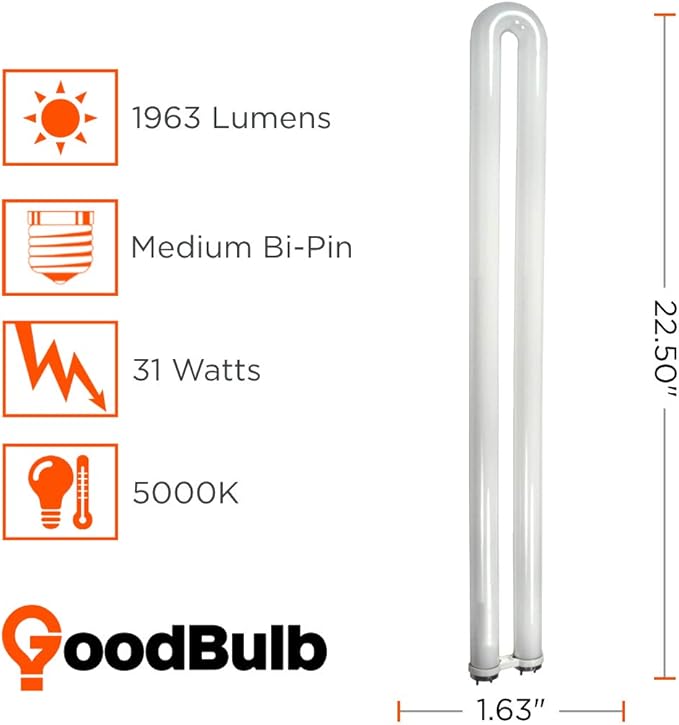GoodBulb 31 Watt 1.63 Inch T8 Fluorescent U-Bend Light Bulb | 5000K Daylight White Light Medium Bi-Pin Base | High Output 1963 Lumens | 31W 10000 Life Hours 80 CRI | Pack of 12 Bulbs