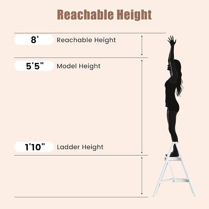 GameGem 2 Step Ladder Portable Folding Step Stool with Anti-Slip Pedal, Lightweight Stepladder Multi-Use for Home and Kitchen, Saving Space, White, 300lbs