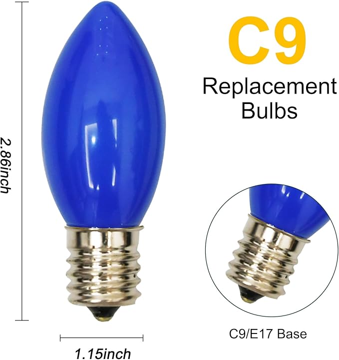 GOOTHY 25 Pack C9 Blue Christmas Replacement Light Bulbs, 7W C9 Incandescent Bulbs for Outdoor String Lights Hanukkah Chandelier Candles Decor, E17/C9 Intermediate Base, Night Light Bulbs- Blue