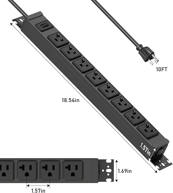 JUNNUJ Heavy Duty Power Strip Wall Mount, 20 Amp Surge Protector 1200J Metal 8 Outlet Under Desk Mounted 20A, Garage Power Table Socket Industrial Outlets 6-20R T-Slot, Black-10FT 12AWG Extension Cord