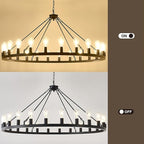 53” Large Farmhouse Wagon Wheel Chandelier,Black Rustic Chandelier 24-Lights,Round Dining Room Light with Adjustable Height,Industrial Ceiling Light Fixtures for Kitchen,Foyer,Porch,Living room