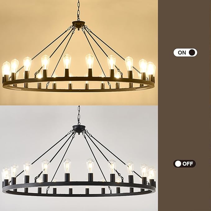 53” Large Farmhouse Wagon Wheel Chandelier,Black Rustic Chandelier 24-Lights,Round Dining Room Light with Adjustable Height,Industrial Ceiling Light Fixtures for Kitchen,Foyer,Porch,Living room