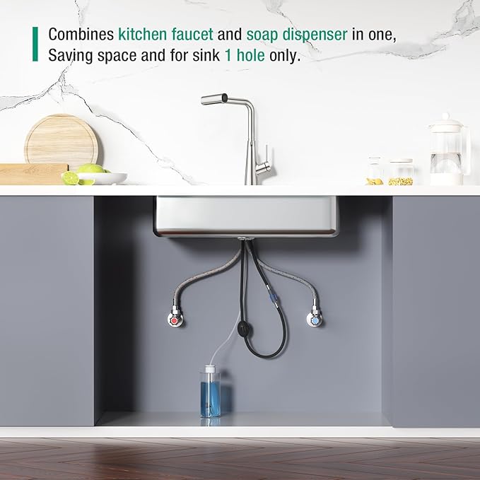 CREA Waterfall Kitchen Faucets with Soap Dispenser Built-in,4 Modes Bar Sink Faucet with Pull Down Sprayer,Single Handle 1 Hole Utility Faucet for Laundry Brushed Nickel Stainless Steel