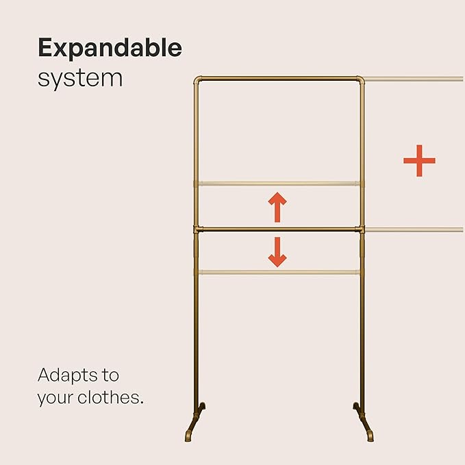 pamo Gold Clothing Rack – 59.84" W x 76.38" H – Industrial Pipe Metal Garment Organizer for Bedroom or Retail – Heavy-Duty Clothes Rack – Easy Assembly
