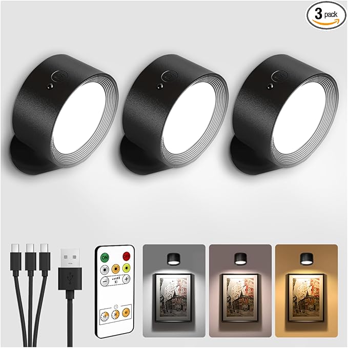 LED Wall Mounted Lights, Rechargeable Wall Sconces with Remote & Touch Control, 3 Color Temperatures 360° Rotation Dimmable Cordless Wall Light for Bedroom Study Reading Bedside (Black, 3 Pack)