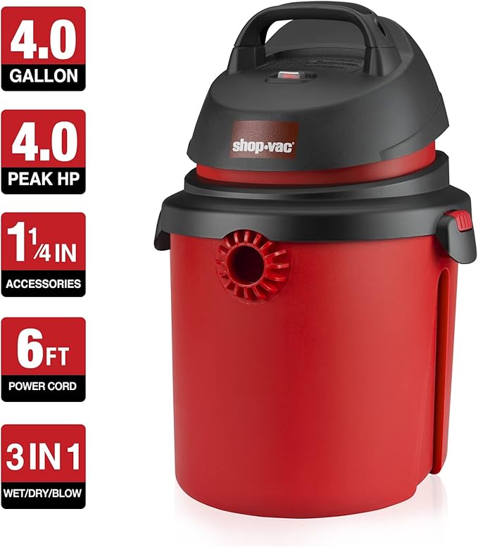 Shop-Vac 5890489 4 Gallon 4.0 Peak HP Wet/Dry Vacuum, 1.25 Inch Diameter x 4 Foot Hose, 6 Foot Cord, Ideal for Jobsite, Garage & Workshop