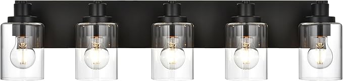 5 Light Bathroom Vanity Lights, Bathroom Lighting Fixtures over Mirror with Clear Glass Shades, Black Vanity Light For Bathoom, Modern Wall Sconces Vanity Lighting Fixture for Bathroom Hallway