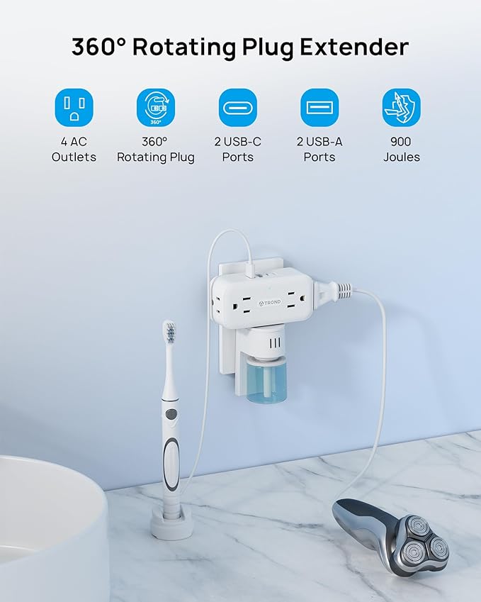 TROND Outlet Extender with 360 Rotating Plug, Plug Adapter with 4 Electrical Sockets and 4 USB Ports, 900 Joules Surge Protection, 3 Way Outlet Splitter for Home Office Travel, White