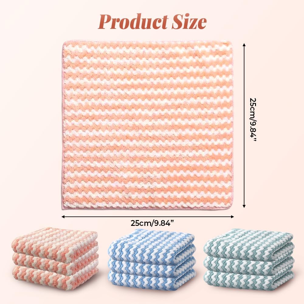 Coral Fleece Striped Rag Cleaning Dish Cloth, Reusable and Washable Microfiber Cleaning Rag, Absorbent Streak Free Lint Free Rags, Kitchen Clean Towels for Scrubs Dishes, Sinks Cleans (Blue, 3PCS)