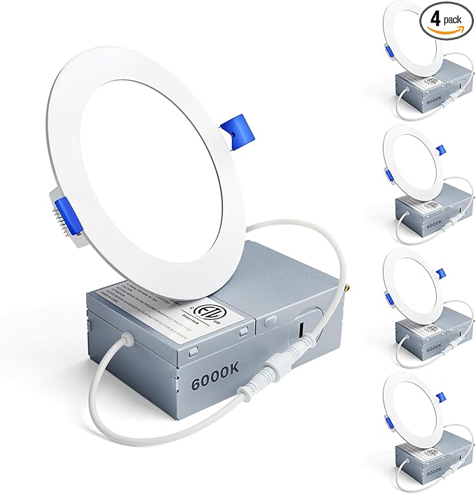 Ensenior 4 Pack 4 Inch LED Recessed Light, Dimmable, 6000K Clear White, 750LM High Brightness, 9W 120V, Damp Rated, Ultra-Thin Canless Wafer Ceiling Light - ETL & FCC & IC