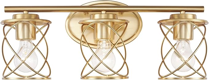 Mavcadonf Modern Vanity Lights with Cage Shade - 3 Lights, Brushed Gold, Over Mirror, for Bathroom & Kitchen
