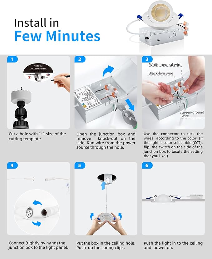 Adetu 3 Inch Gimbal Led Recessed Lighting, 360°+90° Adjustable Directional Recessed Lights, 2700K/3000K/3500K/4000K/5000K Dimmable Retrofit Eyeball Can Lights with Jbox,ETL (White, 12 Pack)