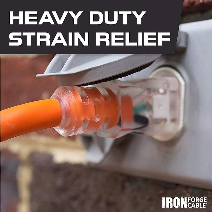 Iron Forge Cable Weatherproof 25 Ft Outdoor Extension Cord - 14/3 SJTW 15 Amp Heavy Duty Orange Extension Cord 3 Prong - Lighted End