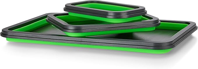 Collapsible Magnetic Parts Tray Set - 3 Different Size Tool Trays for Screw, Bolts, Nuts, Washers, Pins and Other Small Metal Parts, Mechanic Tool Gifts for Men - Green