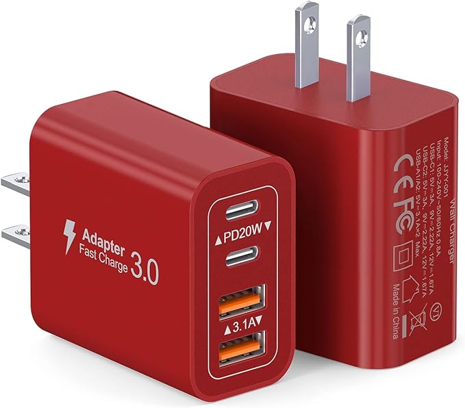 40W USB C Wall Charger, 2-Pack Super Fast Charging Block PD+QC 4 Port Charger Cube for iPhone 17/16,iPad Pro/Mini/Air, iPod Nano, iPod Touch, Switch, Smart Phone, Smartwatches and Tablet(Red)