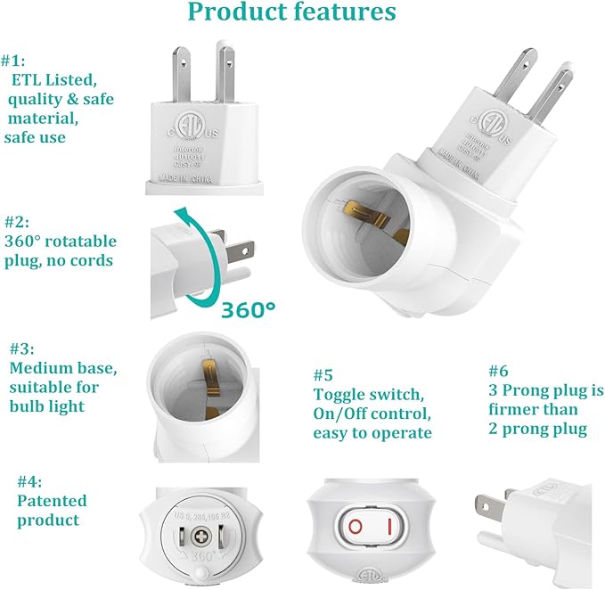 Borju Plug in Light Socket [2-Pack], Outlet to Socket Adapter, 360° Rotatable Plug with On/Off Switch, ETL Listed, White