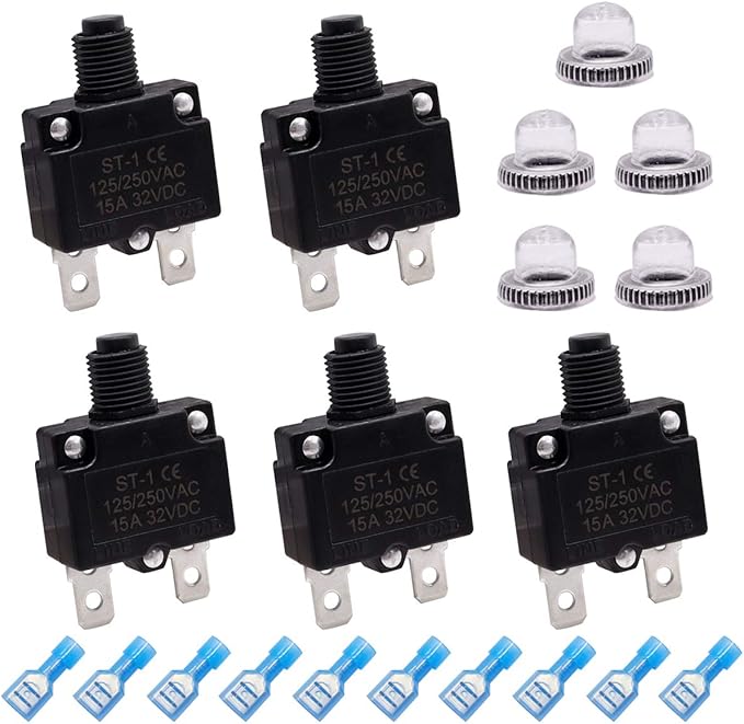 mxuteuk 5Pcs 15Amp Circuit Breakers Push Button Manual Reset 125/250V AC 32V DC,Overload Protector Switch Thermal Circuit Breakers with Quick Connect Terminals and Waterproof Button Caps ST1-5-15A