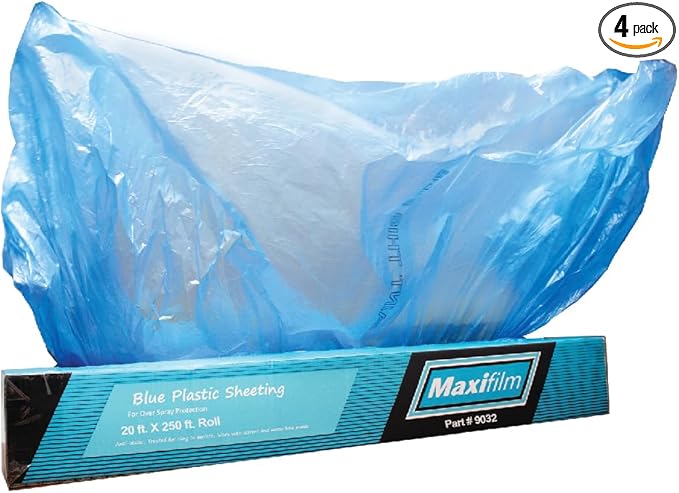MAXIFILM 20ft x 250ft Roll of Blue Overspray Paintable Masking Plastic Sheeting -8 Micron, 0.3 Mil, Protective Masking Film Cover, Auto Painting, Cover Cloth Home Walls Furniture (4, 20ft x 250ft)