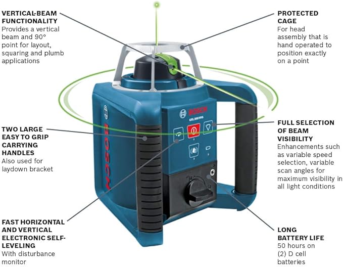 BOSCH GRL 300 HVG Self-Leveling Green-Beam Rotary Laser, Includes 2 D Batteries, Remote Control, Wall Mount, Laser Target, Laser Glasses, & Carrying Case