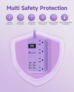 6 USB(2 USB C) Purple Travel Power Strip- 5Ft Lavender Extension Cord with 24W USB Charging Station and 4 Outlets, Purple Desk Accessories with Surge Protector for Cute Kawaii Office Dorm Room