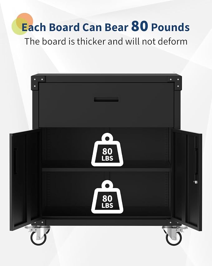 GarveeHome Rolling Tool Cabinet with Drawer | Heavy Duty Metal Garage Storage with Adjustable Shelf & Locks | Rust Resistant Wheels for Warehouse Workshop, Black