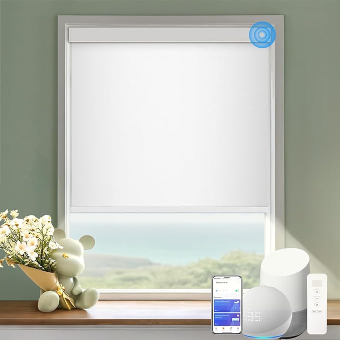 Motorized Blinds with Remote Cordless Automatic Motorized Shades Custom Blinds for Windows Smart Curtains Compatible with Alexa Google Home(Blackout Jacquard White,Custom Size)