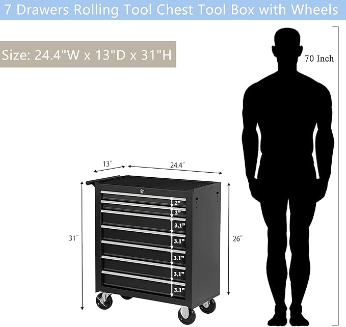 7 Drawers Rolling Tool Cart on Wheels, Multifunctional Metal Tool Storage Cabinet, Lock Tool Trolley Organizer Drawers Tool Box Tool Chest for Garage, Warehouse, Workshop, Repair Shop (BLACK)