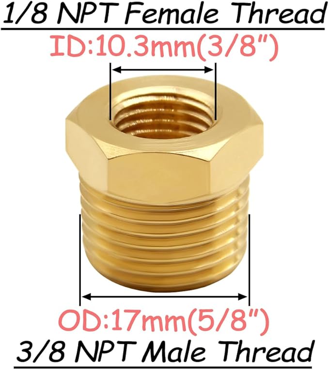4PCS Brass Reducer Bushing, 3/8" NPT Male to 1/8" NPT Female Thread, Hex Reducing Convert Adapter Pipe Fitting Connector for Water/Oil/Gas