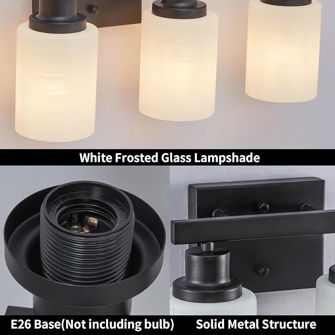 3-Light Bathroom Light Fixtures Over Mirror, Modern Matte Black Vanity Lights with White Frosted Glass Shade, Bathroom Wall Lamp Sconces for Mirror Bedroom, Living Room Hallway