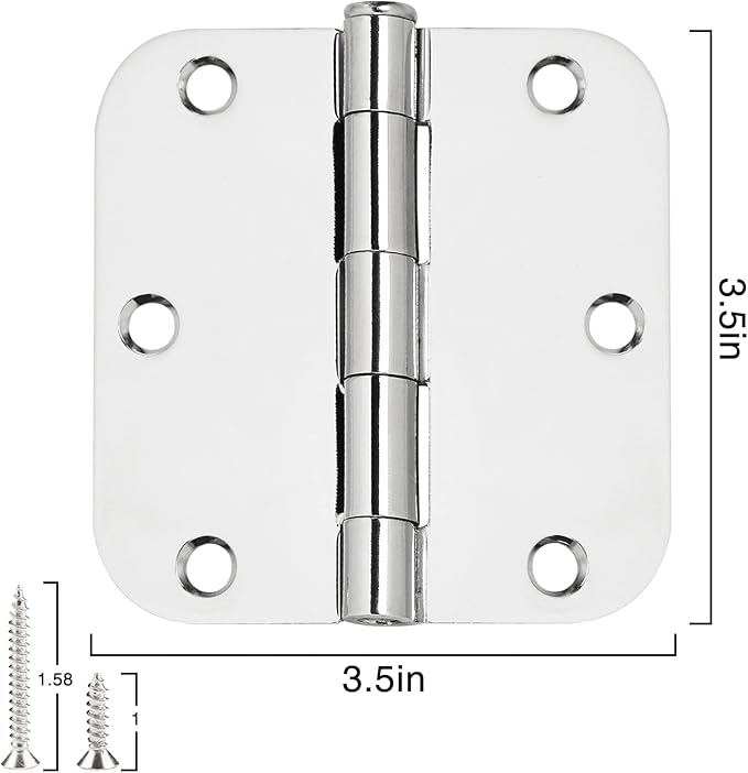 6 Pack Round Door Hinges 3-1/2" x 3.5 inch, 5/8 Radius, Polished Chrome 3 ½ Inch Bright Sliver House Interior Hinge for Bed/Living/Guest/Pantry/Storage/Study/Work Room Doors Heavy Duty Hardware Kit