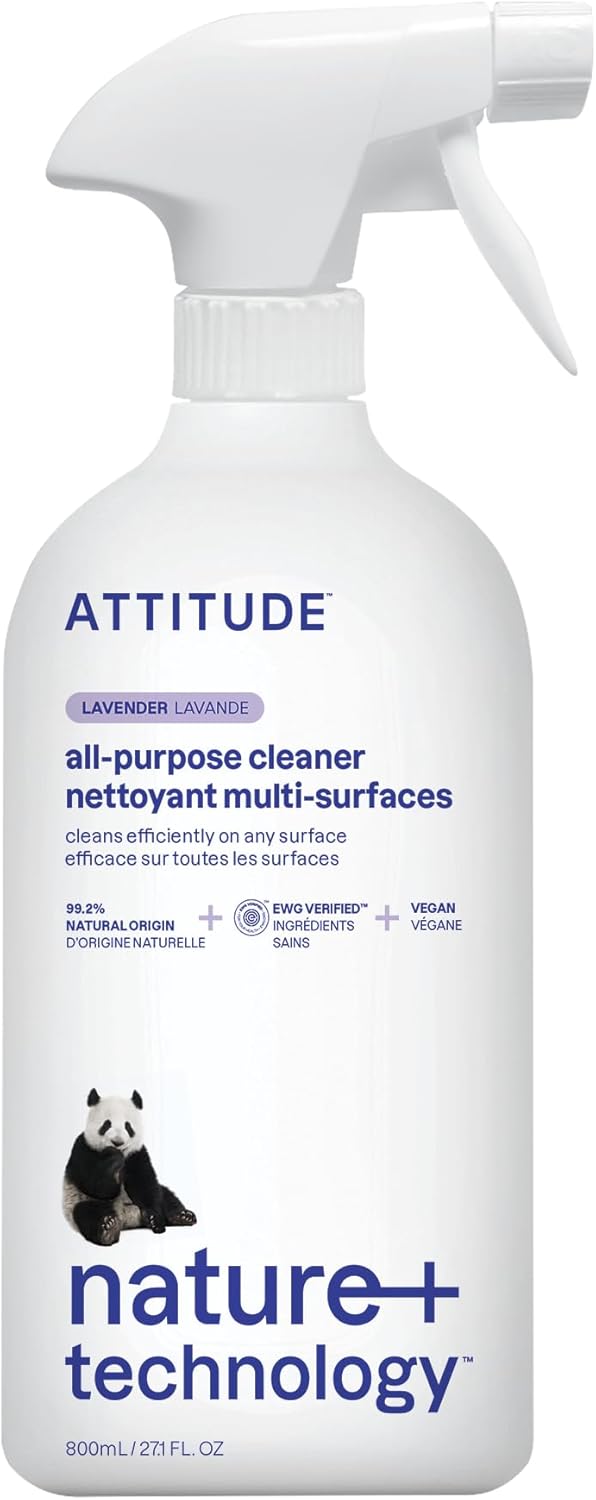 ATTITUDE All Purpose Cleaner Spray, EWG Verified, Vegan, Made with 94% Plant-Based Ingredients, Streak-Free for Kitchen, Bathroom, Glass & More, Lavender Scent, 27.1 Fl Oz