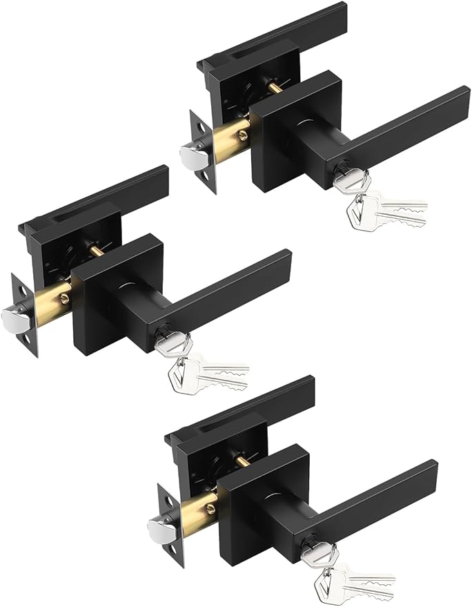 3 Pack Square Entry Door Levers with Lock and Key, Matte Black Entrance Door Handles, for Exterior or Interior Doors, Bedroom, Office, Hotel (Each with 3 Keys)