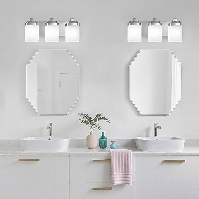 3-Light Chrome Bathroom Light Fixtures, Vanity Lights for Bathroom Mirror Lamp with Milky White Square Glass Shade, E26 Base Modern Wall Sconce Kitchen Light Fixtures Led Vanity