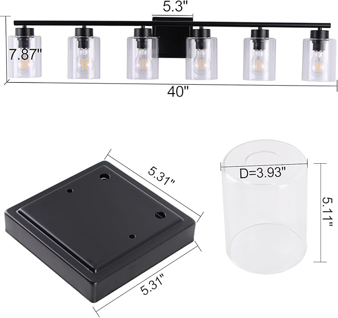 6 Light Bathroom Light Fixtures, 40 Inches Bathroom Lighting Fixtures Over Mirror, Black Vanity Light with Clear Glass Shades