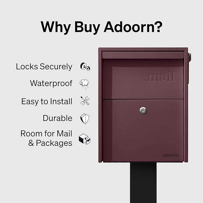 Adoorn Lockable Post Mount Mailbox |Large Malbec, Size 12 x 12 x 18.5 (HxWxD) Anti-Theft Locking Mailbox with 2 Keys, Modern Mailbox with Flag, Weatherproof Mailboxes for Outside