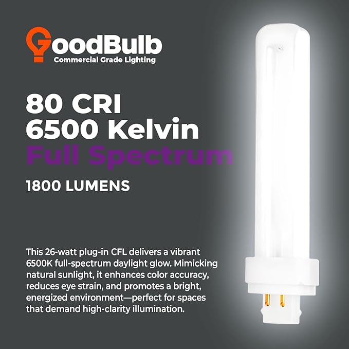 GoodBulb 26 Watt CFL Light Bulbs 4 Pin G24Q-3 Base 6500K Full Spectrum 26W High Output 1800 Lumens Double Tube Compact Fluorescent Light Bulbs Plug-in 10 Pack
