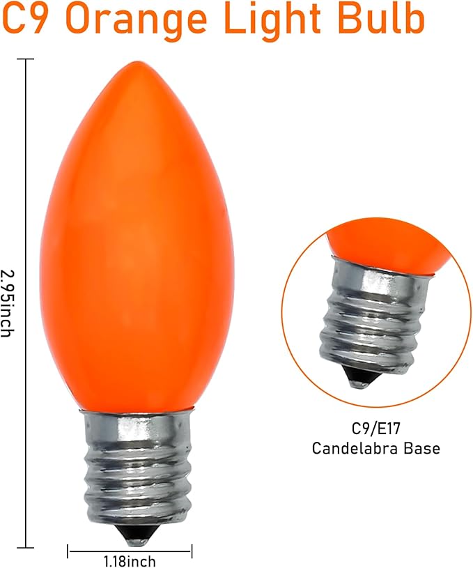 C9 Orange Light Bulb, 25 Pack Incandescent Halloween Light Bulbs for C9 Outdoor String Lights, Christmas Tree Decor, Halloween String Lighting, C9/E17 Candelabra Base, 7 Watt