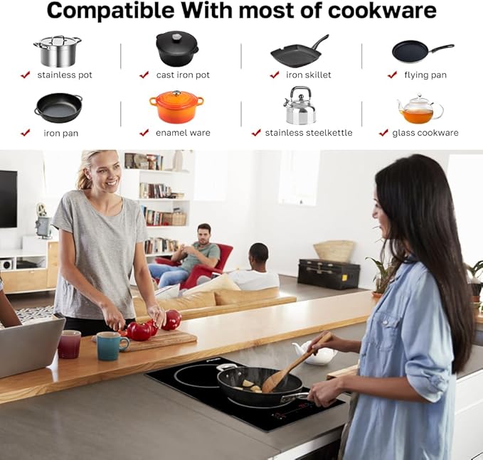 ThermoMate 2 Burners Electric Cooktop, 12 Inch Built in Electric Radiant Stove Top, 3200W Ceramic Glass Cooktop with Sensor Touch Control, 9 Heating Level, Chlid Lock & Timer, 220-240V Hard Wire