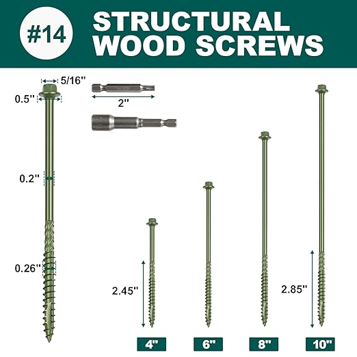 #14 x 8 Wood Structural Screws 100 Pack Hex Head Lag Screws, Rust Resistant Timber Screws for Timber/Log/Landscaping Wood (Green)