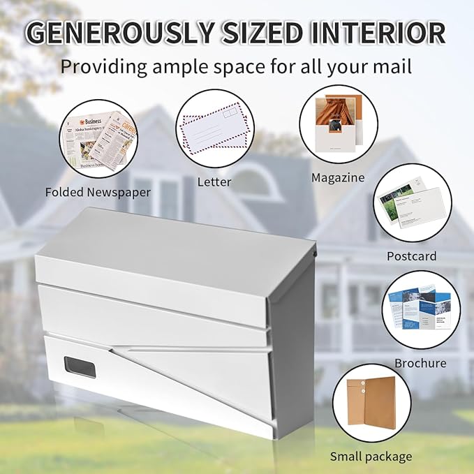 Wall Mount Mailbox, Large Capacity Mailbox for House, Visibility Galvanized Steel Rust-Proof Metal Post Box Drop, Mailboxes for Outside, 15.74"×9.84"×4.33" Solar Lanterns White