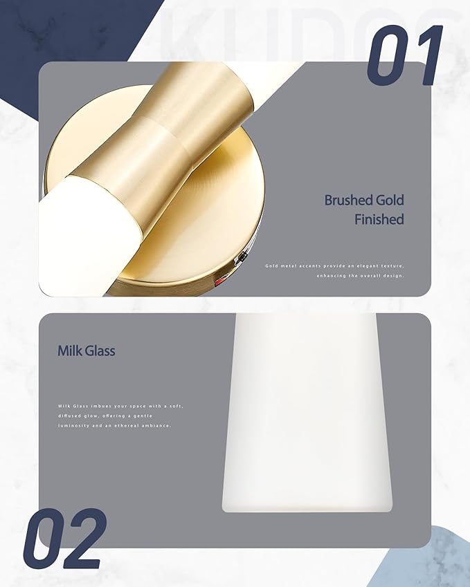 kudos Wall Sconces 16inches Gold Vanity Light Fixtures, Modern Sconces Wall Lighting with Milk White Glass, Dimmerable 3000K/4000K/5000K for Bathroom Bedroom, KDVL13-GD